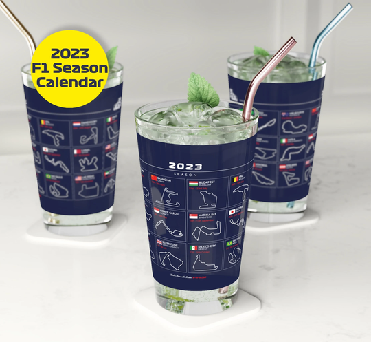 2023 Formula 1 Calendar Pint Glass. F1 Season Fixture Circuit One Tracks. Glass