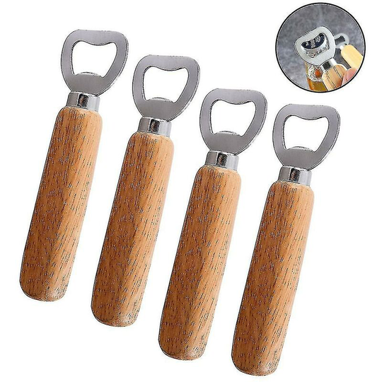 Deckon - Abridor de botellas de cerveza de acero inoxidable con mango de madera de 4 Uds., abridor de tapas de botellas de bebidas de madera suave