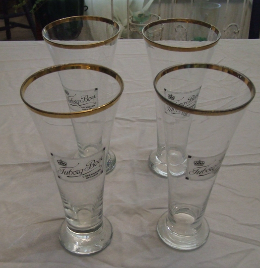 Set Of Four Vintage Clear Glass Gold Rim Beer Glasses Bar Ware Tuborg Copenhagen Denmark Made in Sweden