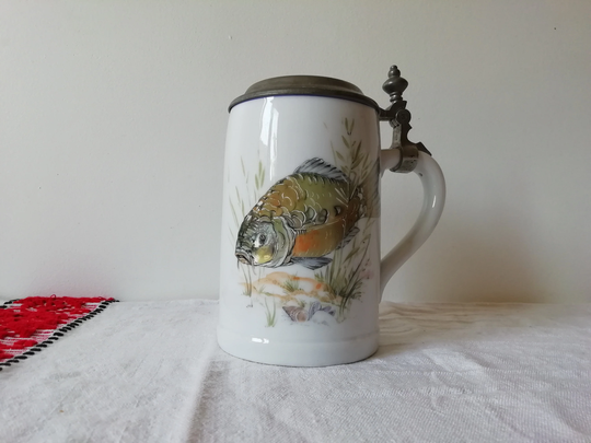 White Ceramic Vintage Beer Stein, Pewter Lidded Drinking Mug With Fish, Seltmann Weiden Bavaria West Germany, Gift For Him