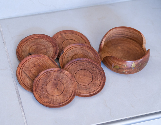 1980's Drink Coasters Solid Wood Vintage Floral Motif Handmade Set Of 6 Wooden Rack Beverage Table Wedding Gift Serving Tea Coffee Breakfast
