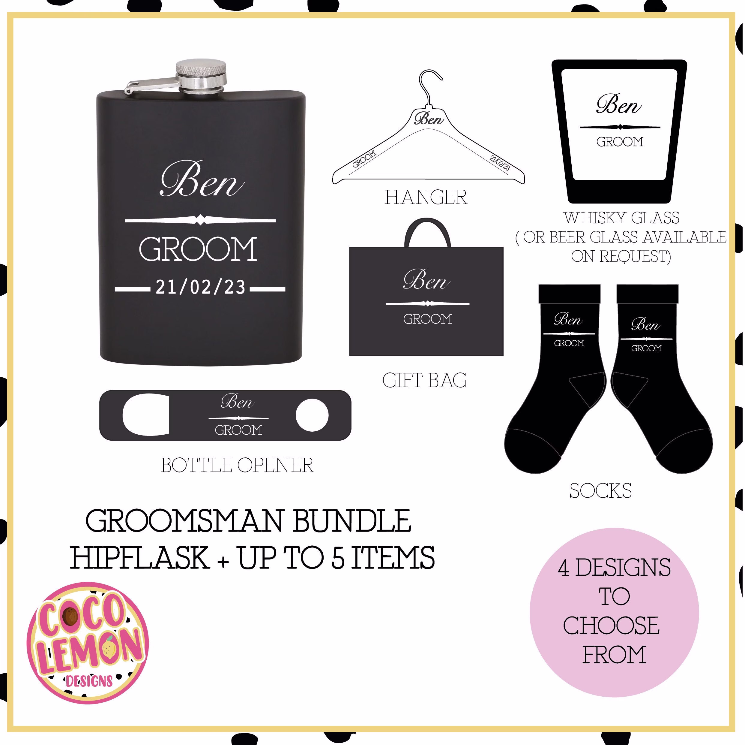 Personalised Grooms Party Gift Bundle - Hip Flask & Up To 5 Items | Gift Bag, Bottle Opener, Whisky Or Beer Glass, Hanger & Socks