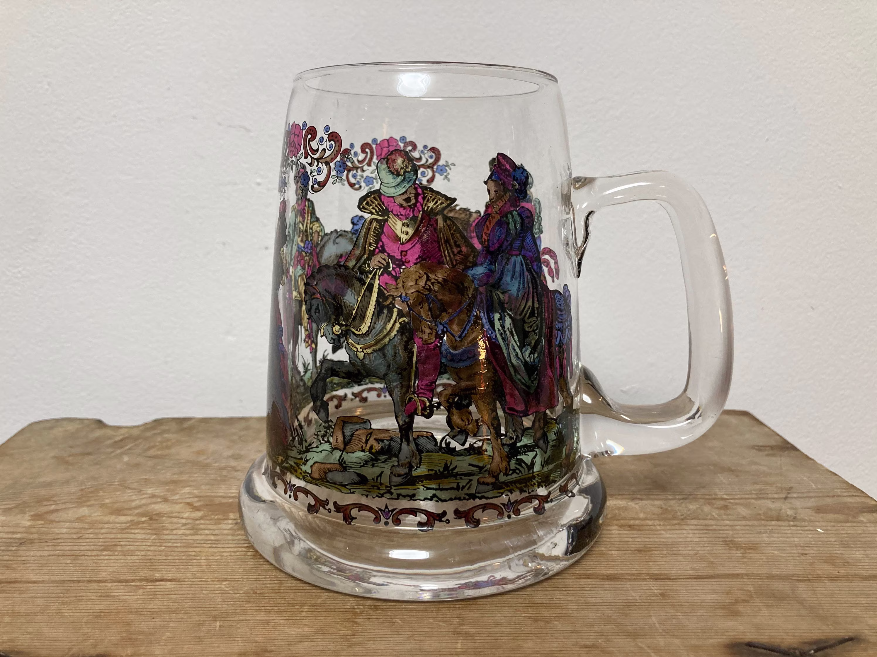 Vintage Art Glass Beer Mug, Tankard, Couples in Period Dress, German Wedding Stein?
