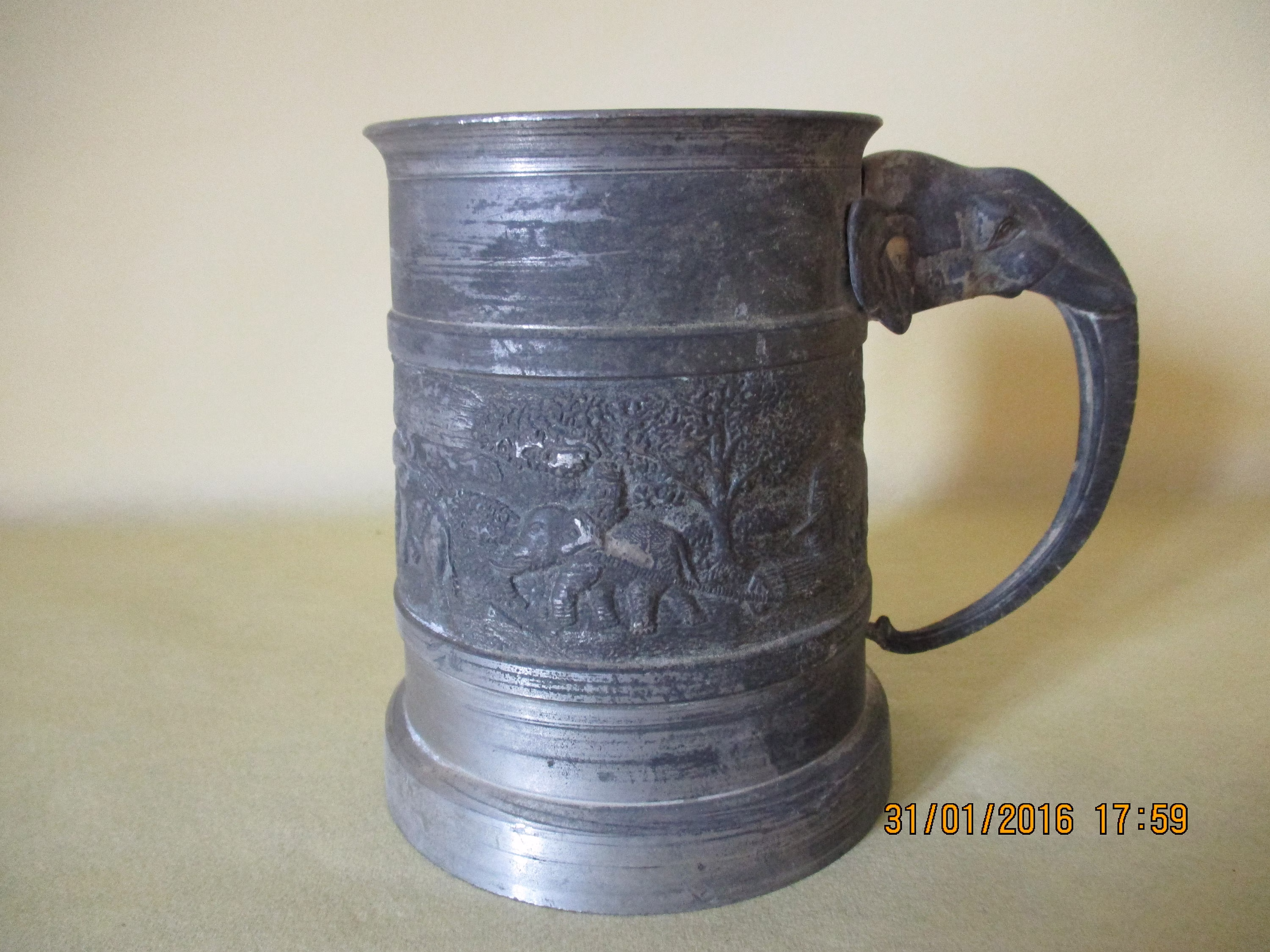 A Gorgeous Vintage French Pewter Tankard/Beer Mug With Elephant Design/Motif, Made in France
