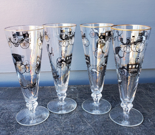 Vintage, Antique Car Barware, Auto, Pilsner Glasses, Libbey Set Of 4, 10 Ounce Beer Bar Barware