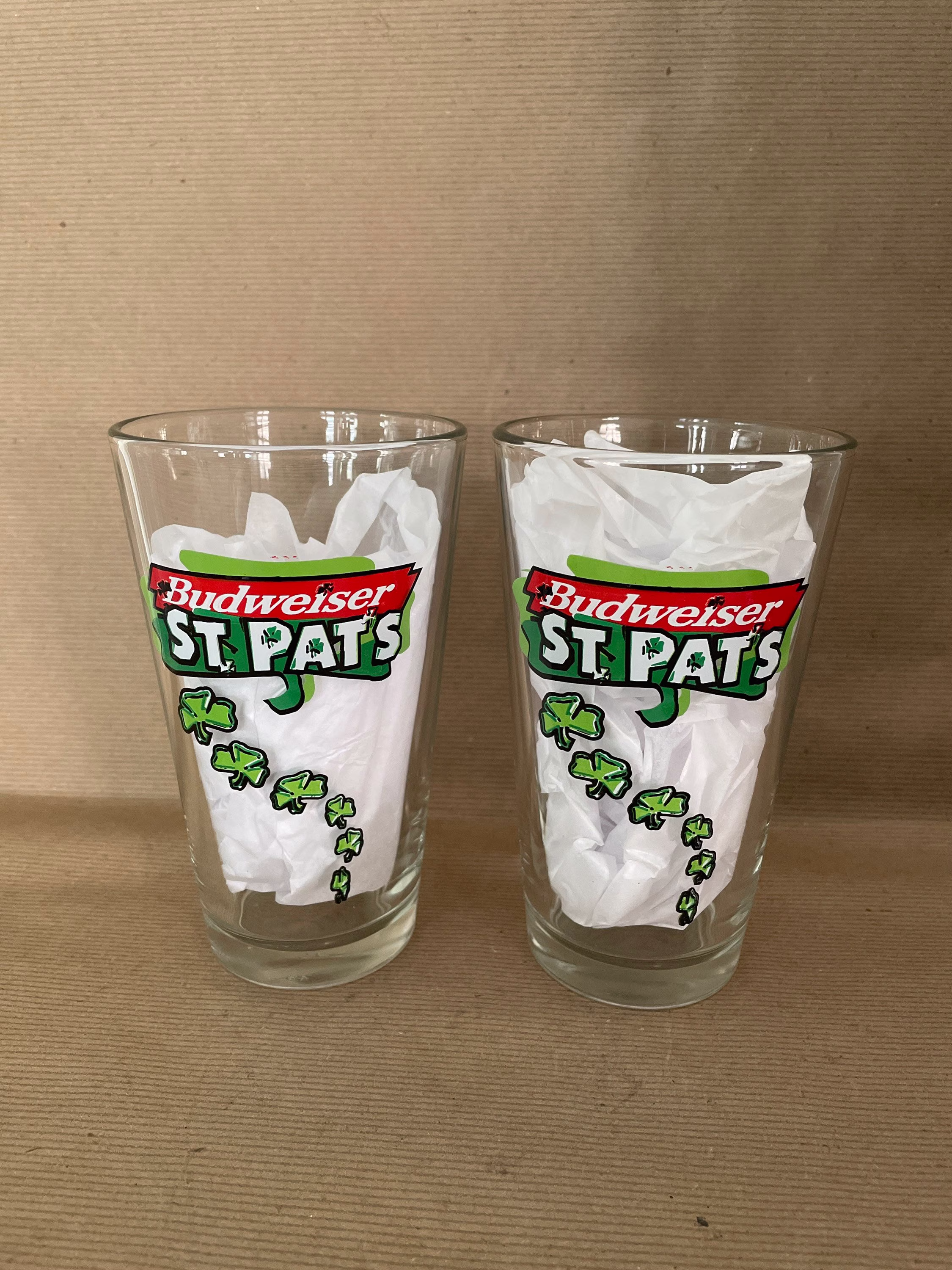 Vintage St. Patrick's Day Glasses, Budweiser St Pat's Beer Set Of 2, Bar Decor, Man Cave Decor