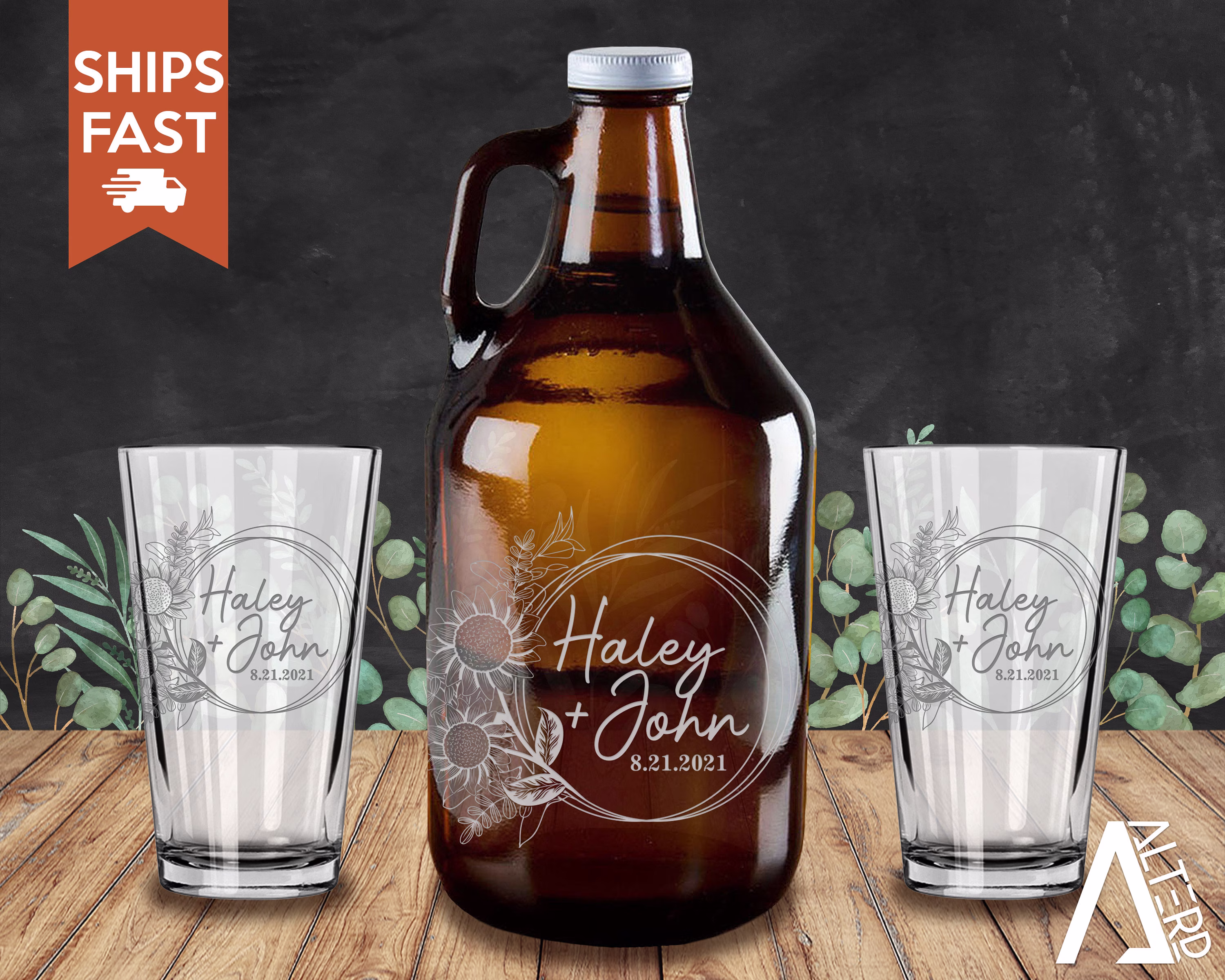Sunflower Circle Wedding Growler, Monogram, Monogram Beer Glasses, Gifts, Beer Wedding, Mr. & Mrs., Free Shipping