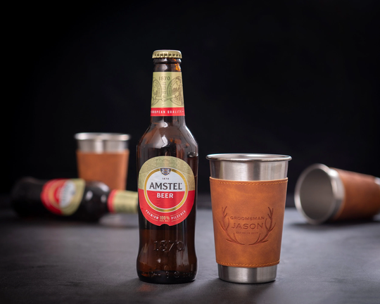 Personalized Beer Mugs With Leather Can Holder, Groomsmen Gifts, Bachelor Party Gift, Proposal, Best Man Groom Gift