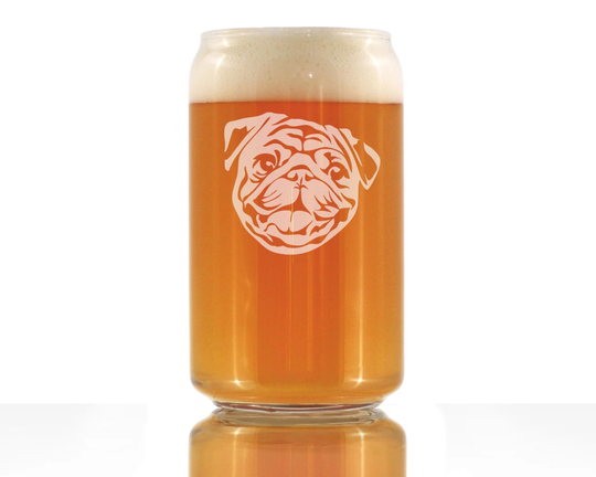 Pug Face - Cute Funny Beer Can Pint Glass, Etched Sayings Gifts For Dog Lovers With Pugs