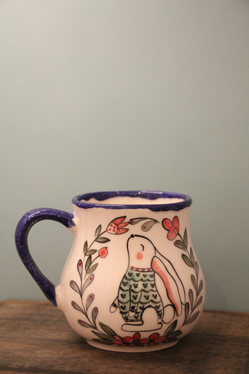 Rabbit Mug, Bunny Custom Blue Glazed Housewarming Gift, Handmade Ceramic Coffee Lover Cozy