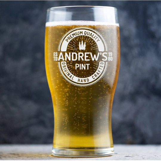 Personalised Pint Glasses, Custom Beer Glass, Engraved Label Gift, Birthday Gift