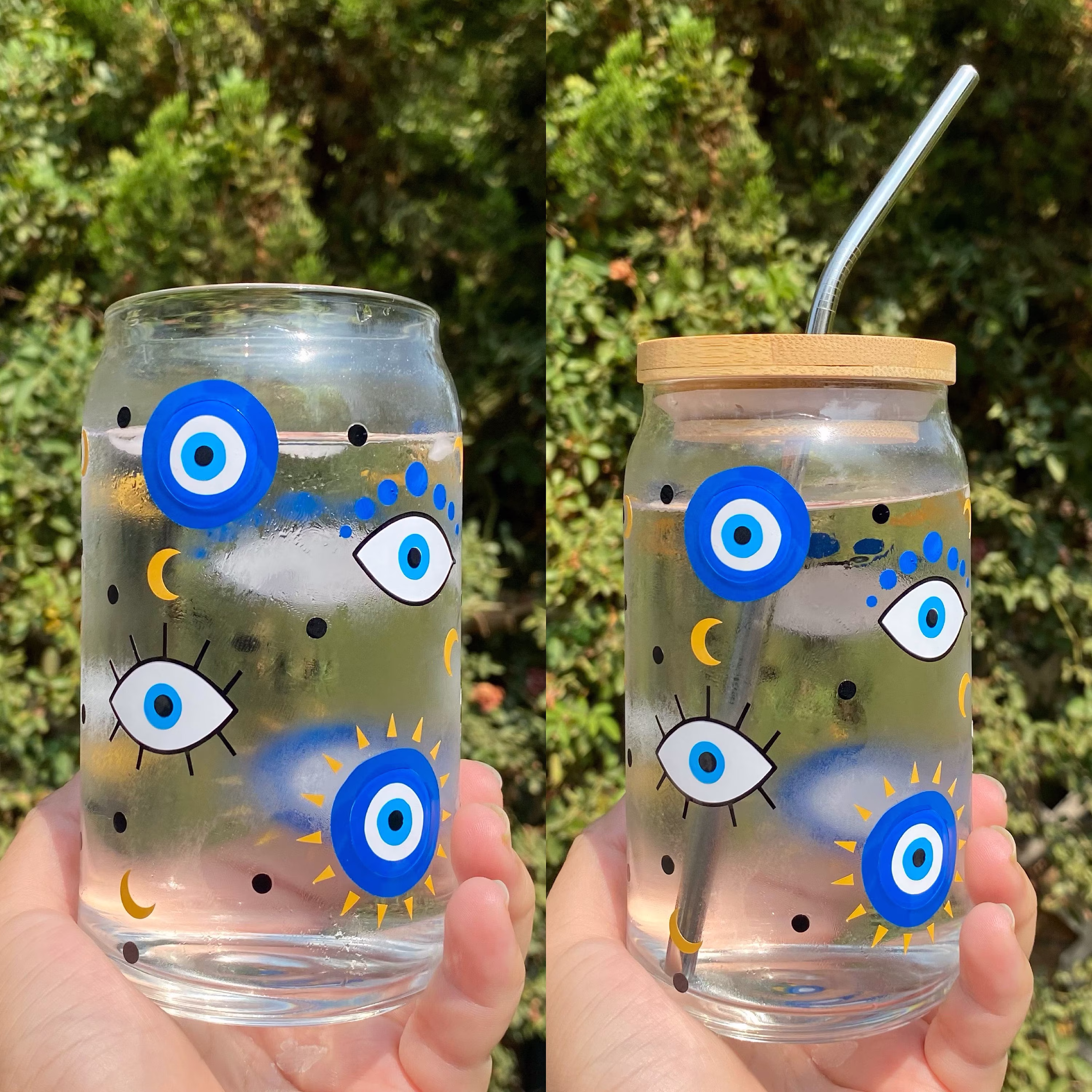 Evil Eye Beer Glass, Cup, Mal Ojo Tumbler, Superstition Iced Coffee Glass Can, Bamboo Lid, Libbey