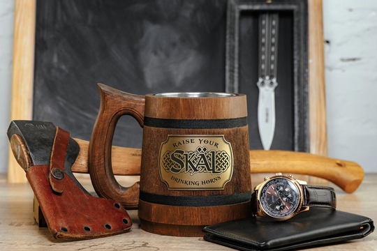 Raise Your Horns Viking Beer Mug, Skal Tankard, Husband Wooden Gift, Fathers Day Stein