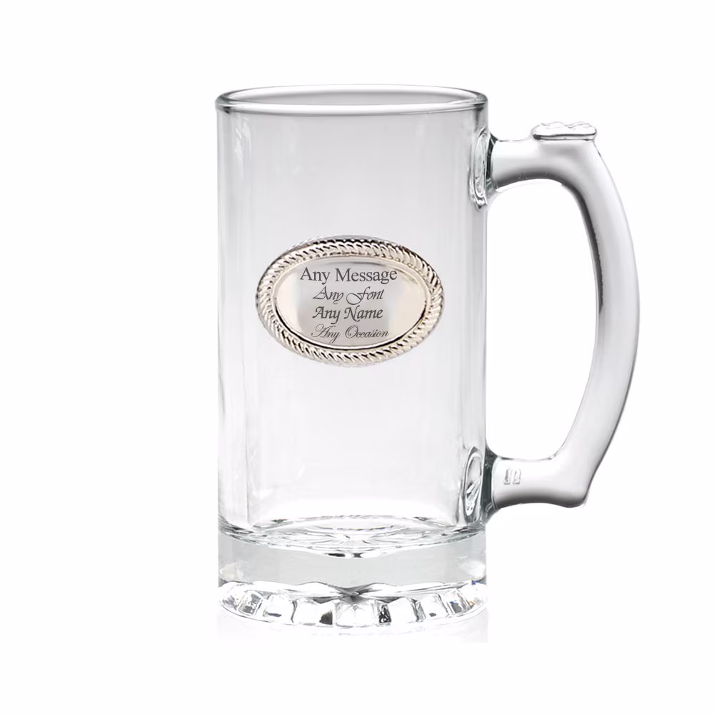 Personalised Engraved 20Oz Glass Tankard With Metal Plate, Any Message Engraved, Perfect For Any Occasion