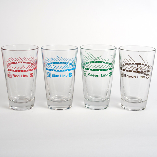 Train Line Pint Glass- Four Pack- 16Oz- Chicago Pint, Glassware, Gift, Housewarming - Designed in Our Studio