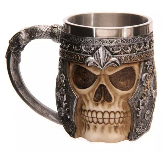 Viking Skull Coffee Mug Stainless Steel Beer Mugs Gift for Men Father's Day Gifts, Halloween 3d Skull Knight Mug Stainless Steel Resin Horror Ghost