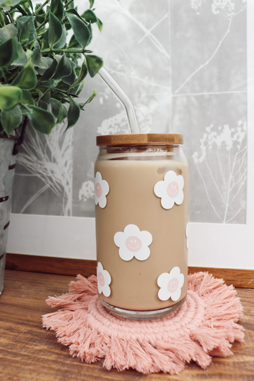 Daisy Smiley Face Beer Can Glass | Iced Coffee Cup Soda Aesthetic