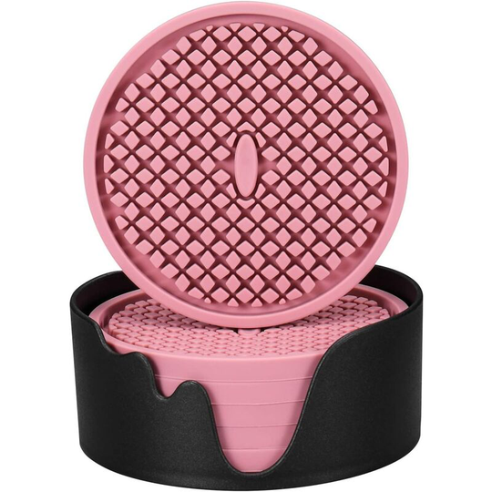 Silicone Coasters [6 Pack] Thick Coasters with Holder - Cup Mat - Non-Slip, Non-Stick, Stays in Place, Deep Tray - Prevents Furniture and Tabletop