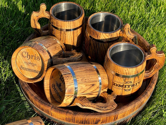 Set Of 3, 4, 6 Wooden Beer Mugs, Personalized Handmade Vintage Mug, Groomsmen Viking Tankard, Stein, Tankard Cup