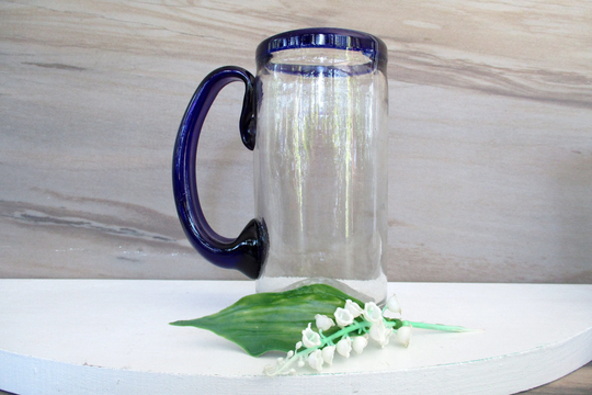 Blown Glass Beer Mug, 10 Oz Clear With Cobalt Blue Rim & Handle, /5.5
