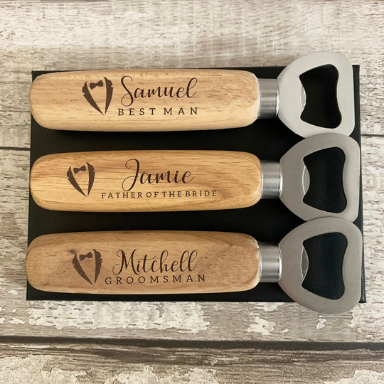 Groomsmen Bottle Opener Gift, Personalised Engraved Beer Present For Grooms Party, Thank You Wedding Day Keepsake, Wooden Handle