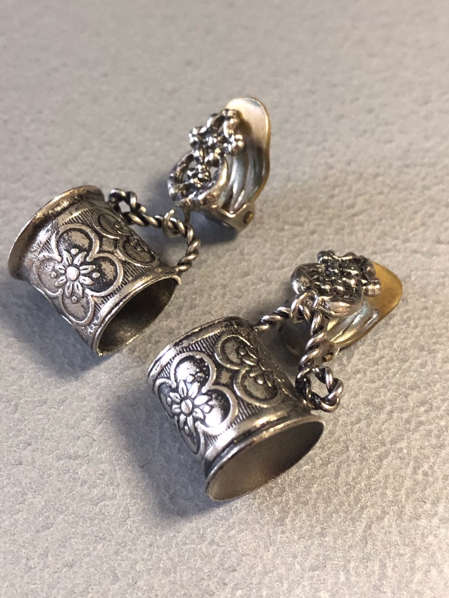 Vintage Novelty Ornate Ale Beer Tankard Drop Earrings Mid Century Clip Fitting Silver Tone Grey Metal