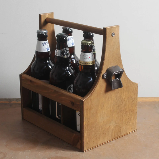 6 X Bottle Vintage Wooden Beer Carrier Holder + Cast Iron Opener - 5Th/6Th Anniversary Christmas Man Dad Men Fathers Day Gift Bc01