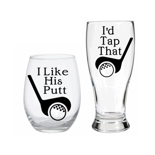 Golfer Couple Present | Anniversary Gift Wedding Golf For Bride & Groom Funny Wine Glass Beer Set Him & Her