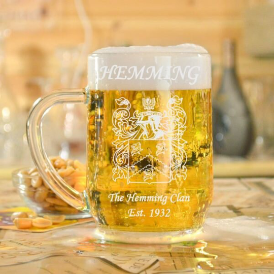 Personalised Birthday Tankard Glass Stein Engraved For Men/Coat Of Arms/Family Crest/1 Pint/568 Millilitres
