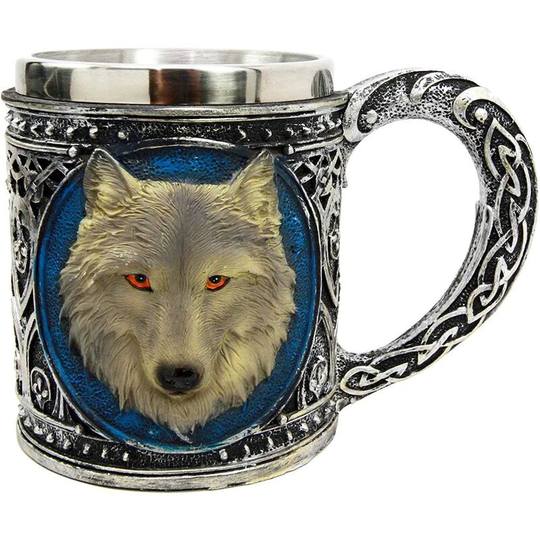 Alpha Gray Celtic Wolf Tribal Magic Resin 18.6oz Mug with Stainless Steel Rim Figurine Coffee Beer Mug,3D Three-Dimensional Resin Stainless Steel