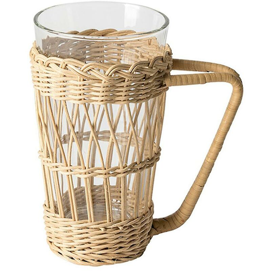 Vintage Antique Rattan Cup Holder with Coffee Cup, Glass Cup Accessories Coffee Shop Restaurant Beer Mug Set Mori Real Rattan Weave