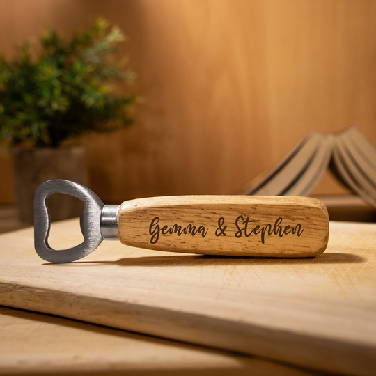 Personalised Engraved Wooden Handle Bottle Opener | Wedding Anniversary Gift Couples 5 Years Homeware Keepsake |Special Occasion