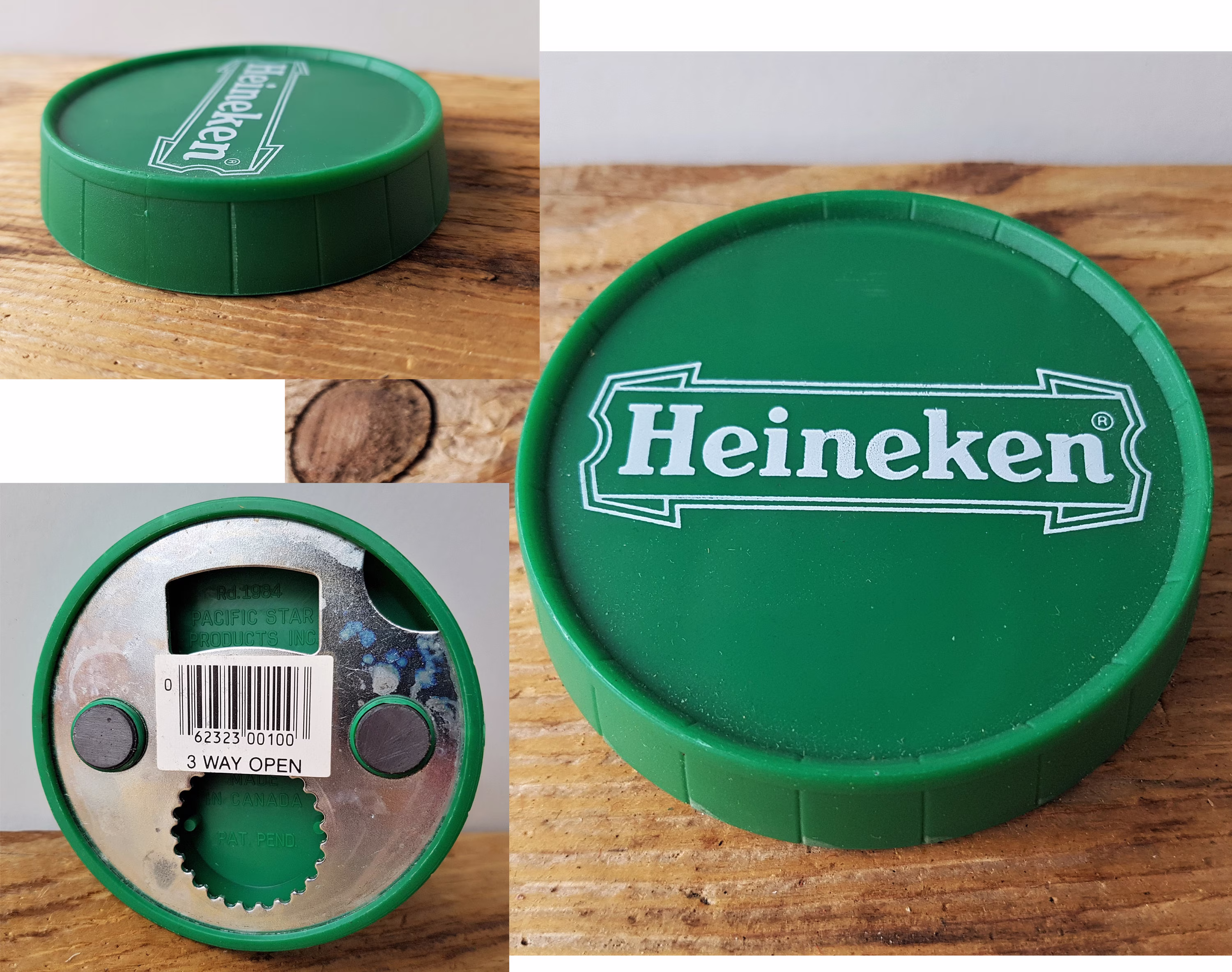 Vintage 80S Heineken Beer 3 Way Bottle Opener Round Magnetic Twist Cap Retro 1984 Advertising Promo Pacific Star Products Inc