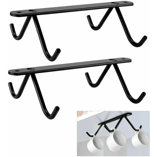 Set of 2 Metal Cup Holders for Hanging Under Cupboard, Storage Shelf with 8 Hanging Hooks for Mugs, Coffee Cups, Beer Glasses, Kitchen Utensils