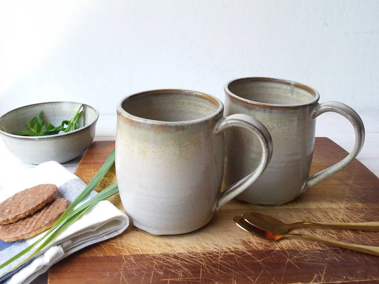 Set Of Two Blue/Gray Ceramic Mugs & One Bowl, 22 Fl Oz Matching Gray Pottery, Pottery Beer Mugs, Large Coffee