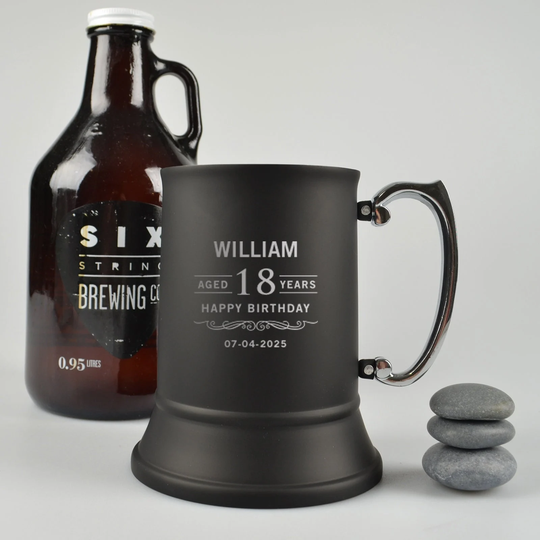 Engraved Birthday Silver & Matte Black Metal Beer Mug