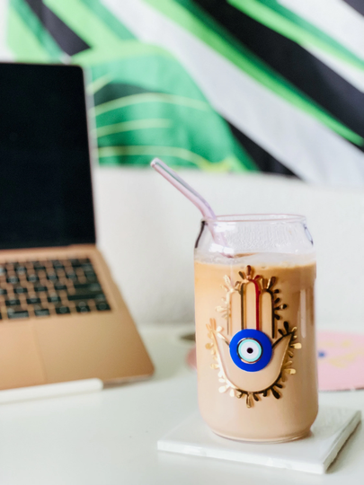 Evil Eye Glass Soda Beer With Straw Can Hamsa Hand Cup Glasses Water