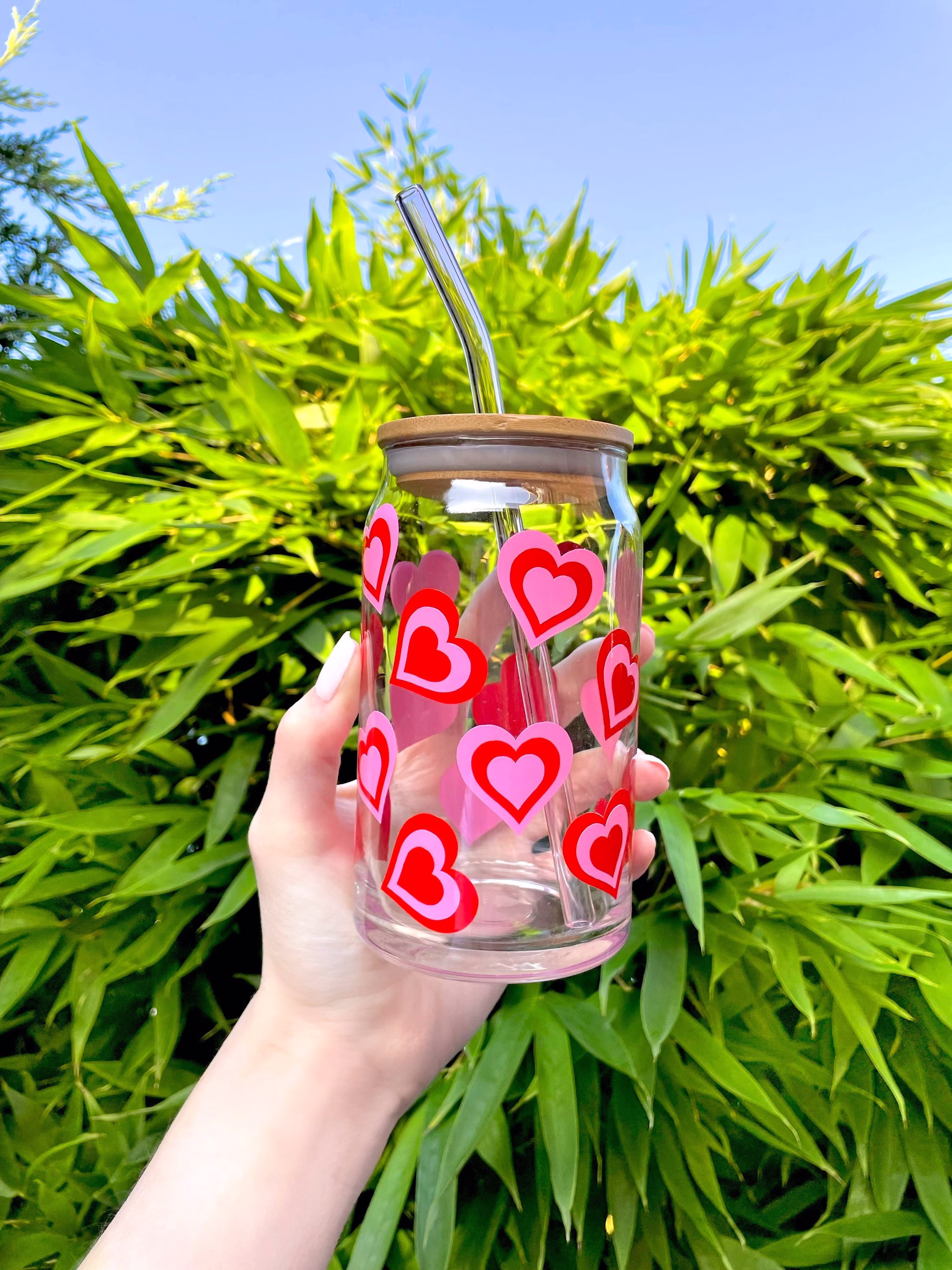 Heart Bamboo Lid Can Glass Drink | 16Oz Cup Gift Personalised With Glass Straw Valentines Beer Mug Jar Galentines