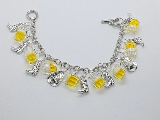 Beer & Cowboy Hat Boot Charm Bracelet Cow Girl Country Music Gifts For Her Concerts Line Dancing
