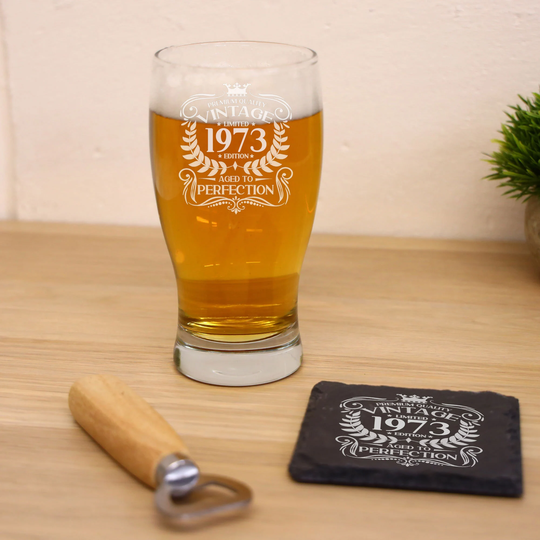 Vintage 1973 Engraved Beer Pint Glass - 50Th Birthday Aged To Perfection 50 Year Old Gifts Cider Lager Tulip & Coaster Set