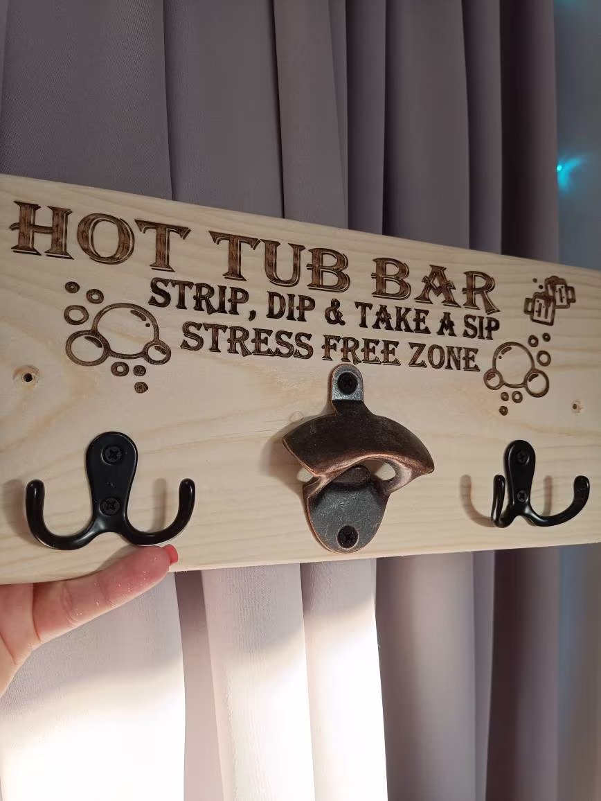 Personalised Hot Tub Sign, Rustic Tiki Bar Wooden Decoration, Towel Holder & Bottle Opener, Hooks, Goggles, Wooden, Garden, Summer House, Spa