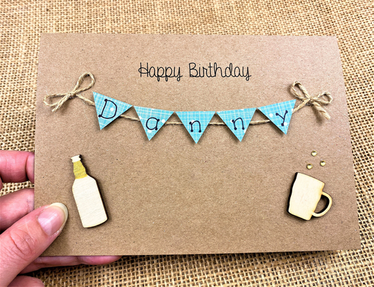 Personalised Birthday Card - Bunting Brown Kraft With Matching Envelope Beer Bottle & Glass Dad Husband Son Brother Etc