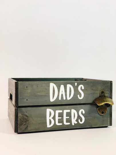 Personalised Wooden Box With Bottle Opener - Beer Father's Day Dad Daddy Crate Name Custom Grey Plain Wood