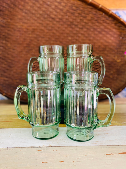 Vintage Green Ribbed Barrel Mugs - Set Of 4