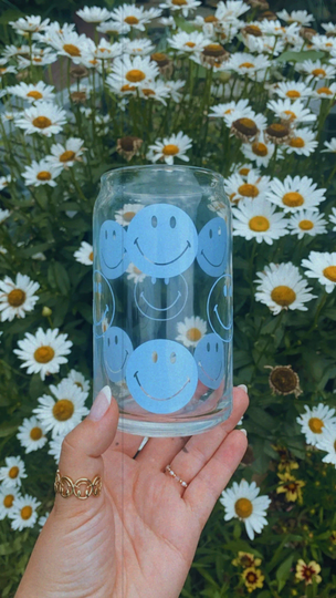 Smiley Face Beer Can Glass | Coffee Iced Soda Retro Vibes Cup
