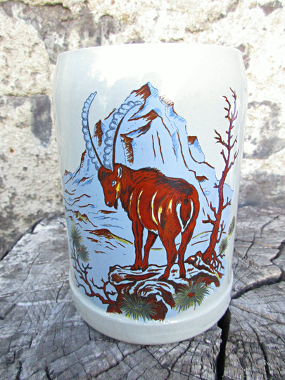 Vintage Rustic Beer Mug With Ibex, Marked On Bottom, Stoneware Material, Housewares