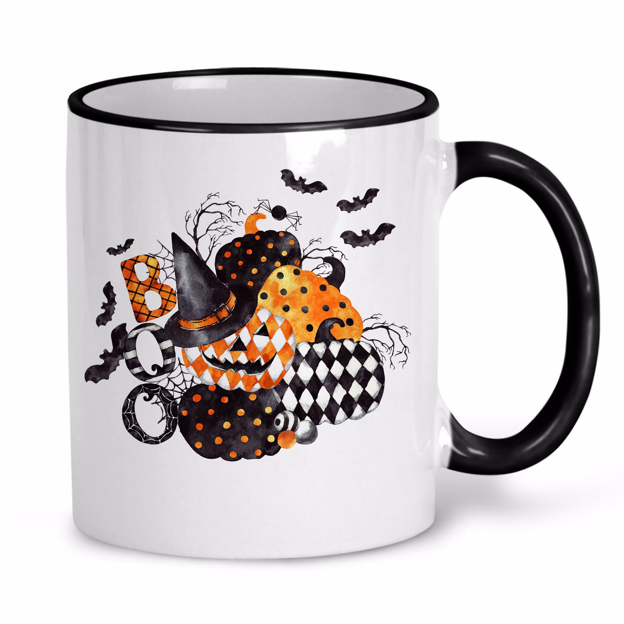 Rae Dunn Halloween Coffee Cup, Mug, Boo Tea Fall Pumpkin Cute Trick Or Treat Gift, Spiders & Bats X-Hal008