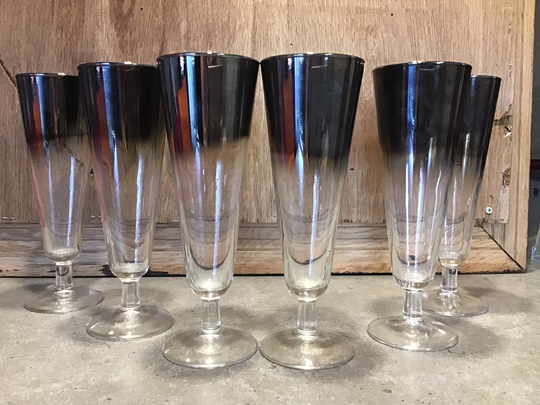 2 Vintage Lusterware Glasses, Faded Silver Mercury Beer Mcm Silver Ombre Barware Set Of