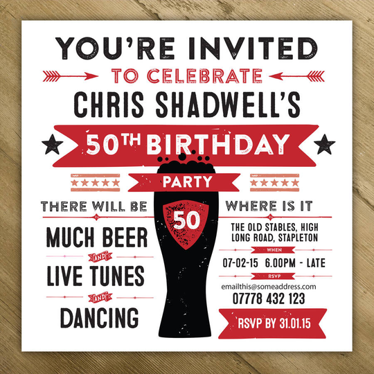 Personalised Pint Glass Party Invites, Pink/Black/Grey