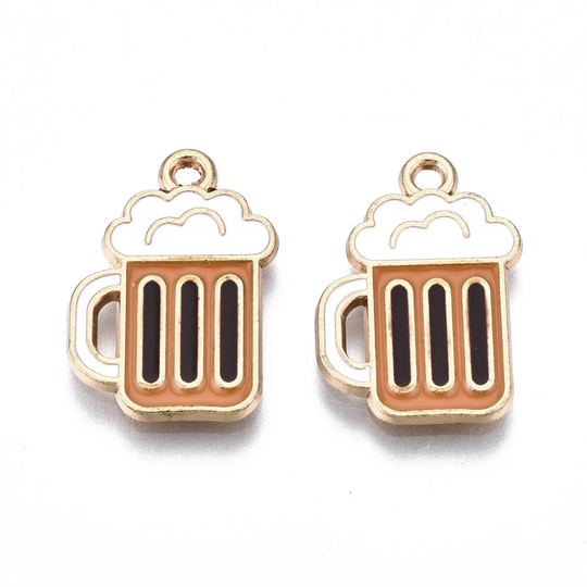Miniature Beer Charms Tiny Mug Pendants Enamel Gold 2Pcs 19mm